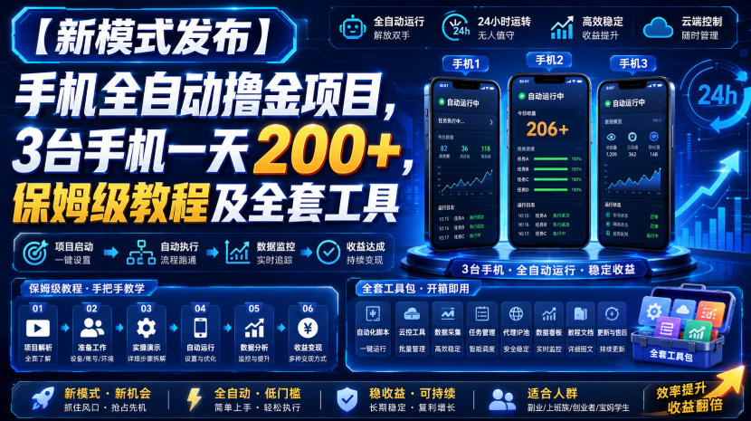 【新模式发布】手机全自动撸金项目，3台手机一天200+，保姆级教程及全套工具【揭秘】 - 52网创-52网创