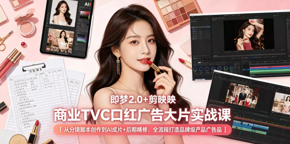 即梦2.0+剪映商业TVC口红广告大片实战课｜从分镜脚本创作到AI成片+后期精修，全流程打造品牌级产品广告 - 52网创-52网创