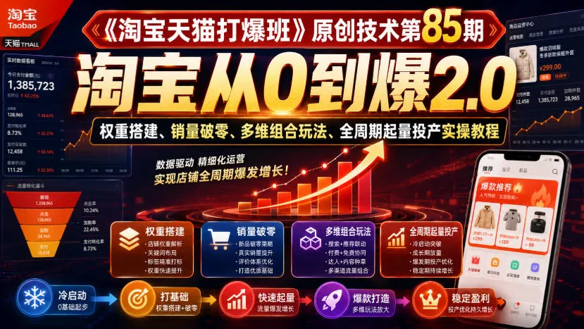 《淘宝天猫打爆班》原创技术第85期，淘宝从0到爆2.0，权重搭建、销量破零、多维组合玩法、全周期起量投产实操教程 - 52网创-52网创