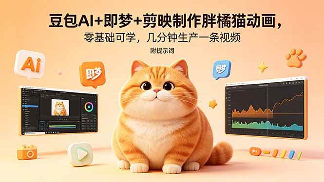 （18431期）豆包AI+即梦+剪映制作胖橘猫动画，零基础可学，几分钟生产一条视频，附提示词-52网创