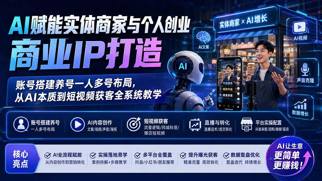 AI赋能实体商家与个人创业商业IP打造；账号搭建养号一人多号布局，从AI本质到短视频获客全系统教学-52网创