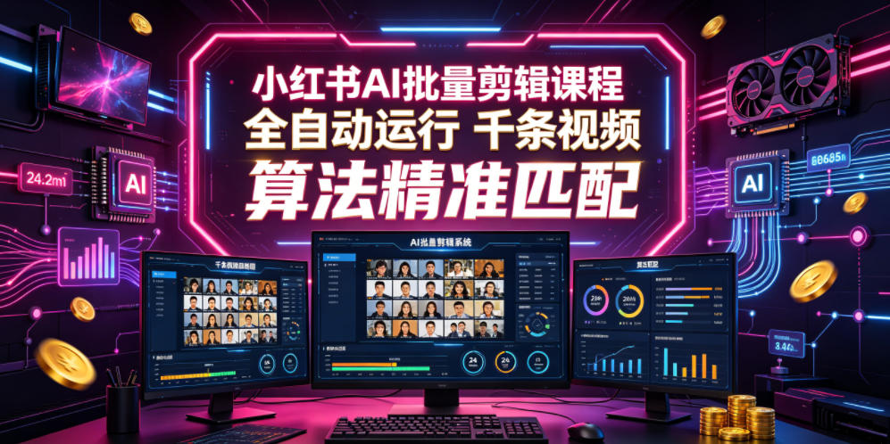 小红书AI批量剪辑课程，24小时全自动运行，解放双手专注运营，千条视频批量处理，小红书算法精准匹配-52网创