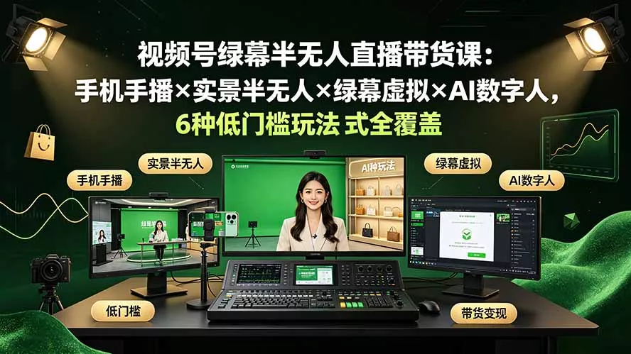 视频号绿幕半无人直播带货课：手机手播×实景半无人×绿幕虚拟×AI数字人，6种低门槛玩法全覆盖 - 52网创-52网创