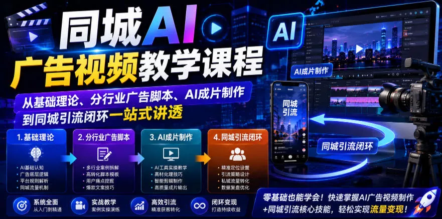 同城AI广告视频教学课程，从基础理论、分行业广告脚本、AI成片制作到同城引流闭环一站式讲透 - 52网创-52网创