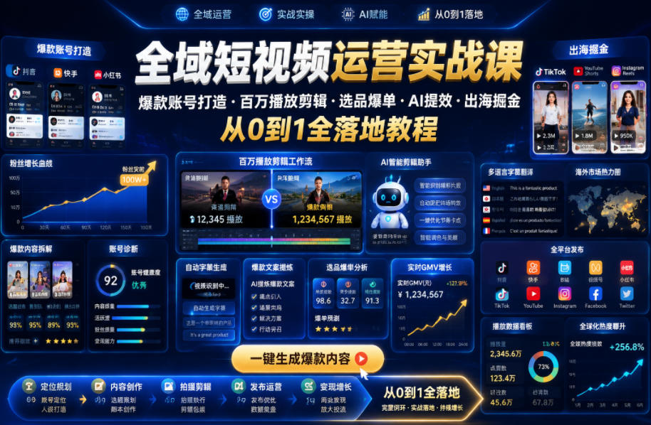 全域短视频运营实战课，爆款账号打造・百万播放剪辑・选品爆单・AI提效・出海掘金，从0到1全落地教程 - 52网创-52网创