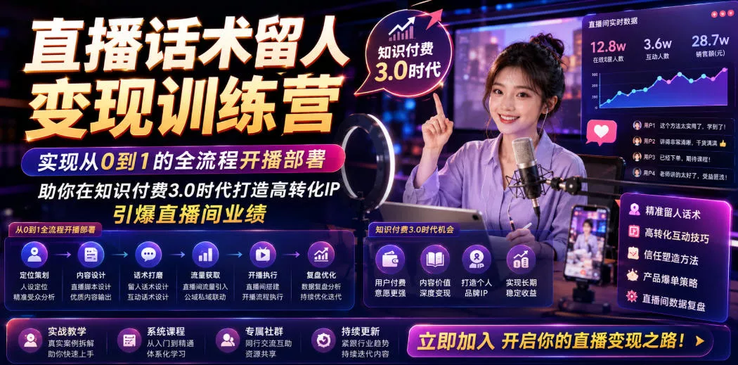 直播话术留人变现训练营，实现从0到1的全流程开播部署，助你在知识付费3.0时代打造高转化IP，引爆直播间业绩 - 52网创-52网创