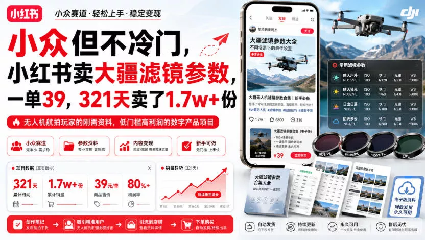 小众但不冷门，小红书卖大疆滤镜参数，一单39，321天卖了1.7w+份 - 52网创-52网创