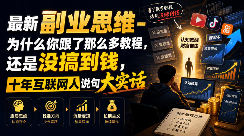 最新副业思维-为什么你跟了那么多教程，还是没搞到钱，十年互联网人说句大实话【揭秘】 - 52网创-52网创
