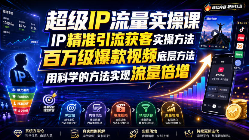 超级IP流量实操课，IP精准引流获客实操方法，百万级爆款视频底层方法，用科学的方法实现流量倍增 - 52网创-52网创