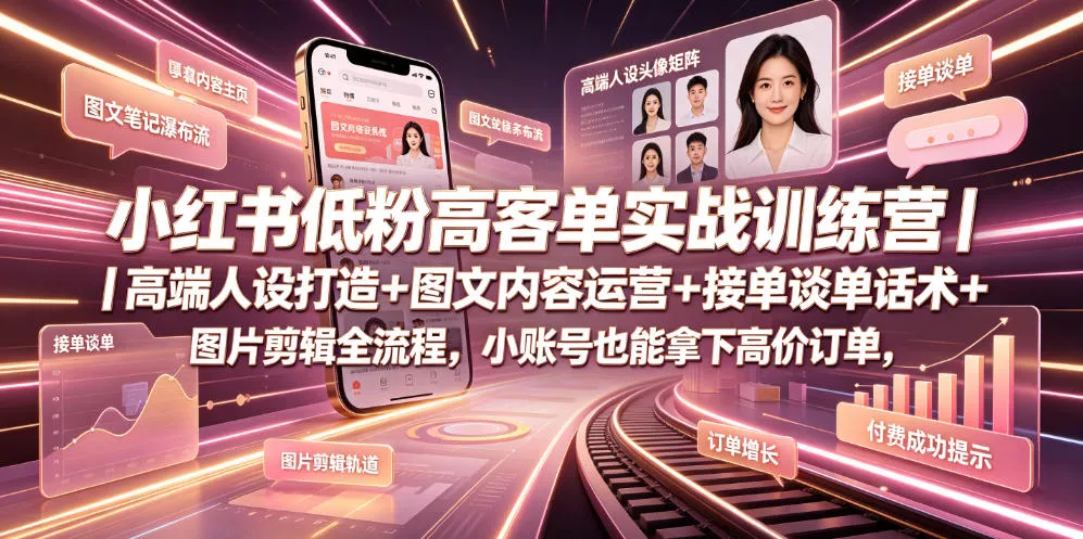 小红书低粉高客单实战训练营｜高端人设打造+图文内容运营+接单谈单话术+图片剪辑全流程，小账号也能拿下高价订单 - 52网创-52网创