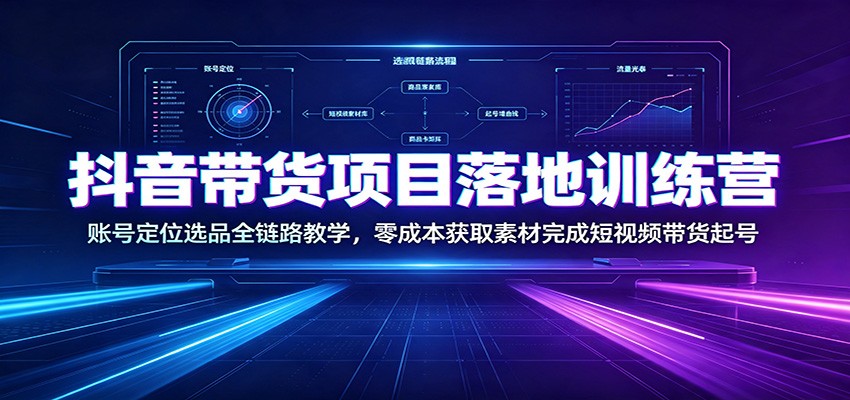 抖音带货项目落地训练营：账号定位选品全链路教学，零成本获取素材完成短视频带货起号 - 52网创-52网创