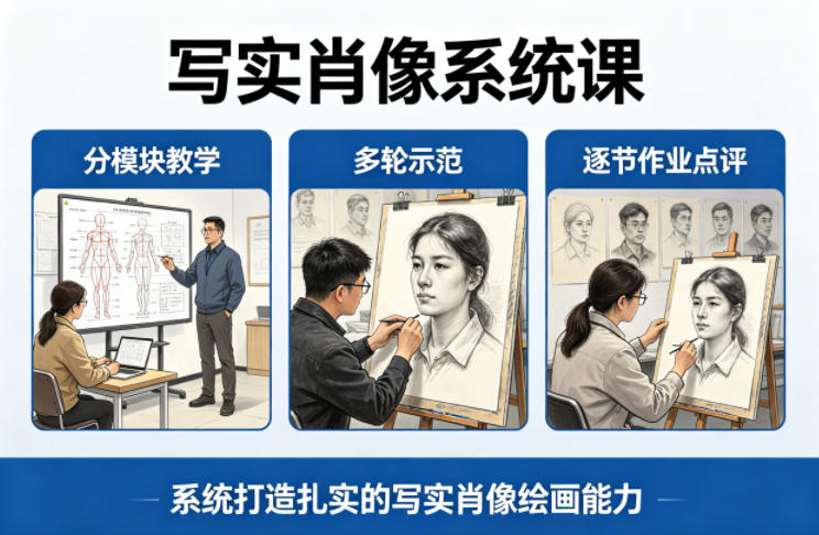 写实肖像系统课，全程分模块教学+多轮示范+逐节作业点评，系统打造扎实的写实肖像绘画能力-52网创