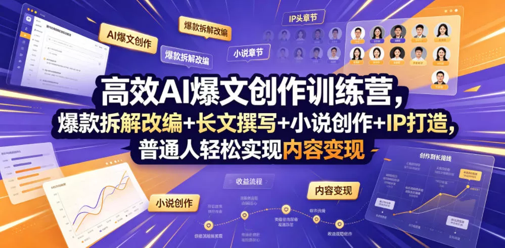 高效AI爆文创作训练营，爆款拆解改编+长文撰写+小说创作+IP打造，普通人轻松实现内容变现-52网创