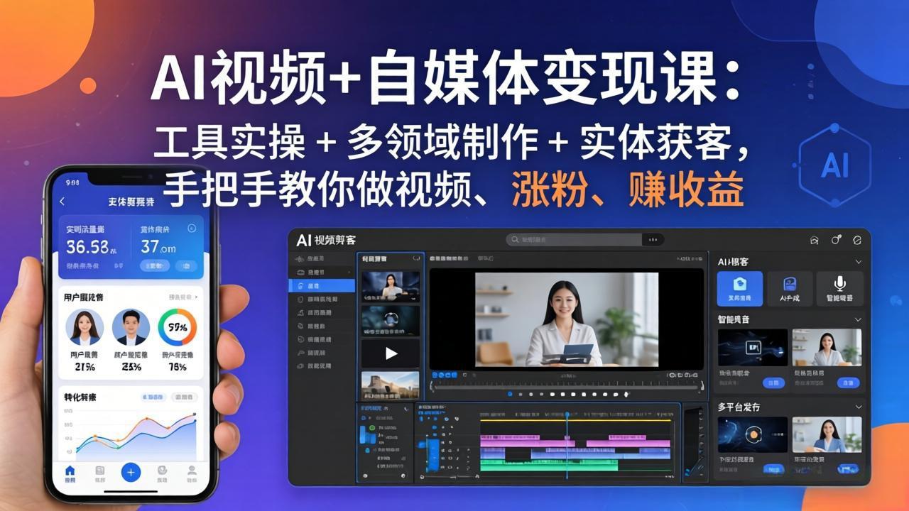 AI视频+自媒体变现课：工具实操 + 多领域制作 + 实体获客，手把手教你做视频、涨粉、赚收益-52网创