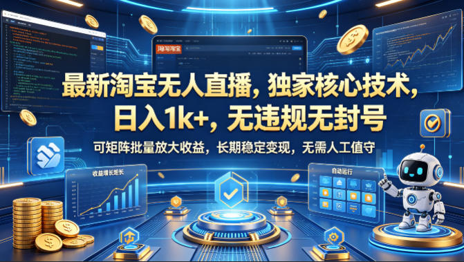 最新淘宝无人直播，独家核心技术，日入1k+，无违规无封号，可矩阵批量放大，长期稳定，无需人工值守【揭秘】-52网创