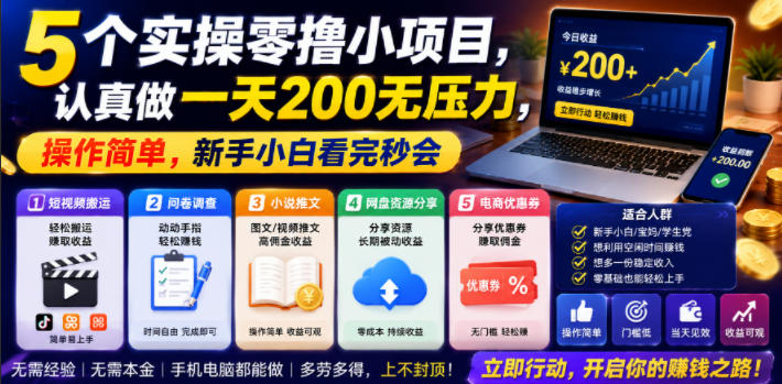 5个实操零撸小项目，认真做一天200无压力，操作简单，新手小白看完秒会【揭秘】 - 52网创-52网创