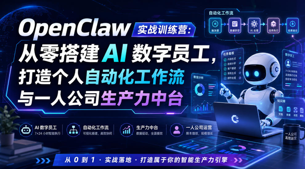 OpenClaw实战训练营：从零搭建AI数字员工，打造个人自动化工作流与一人公司生产力中台 - 52网创-52网创