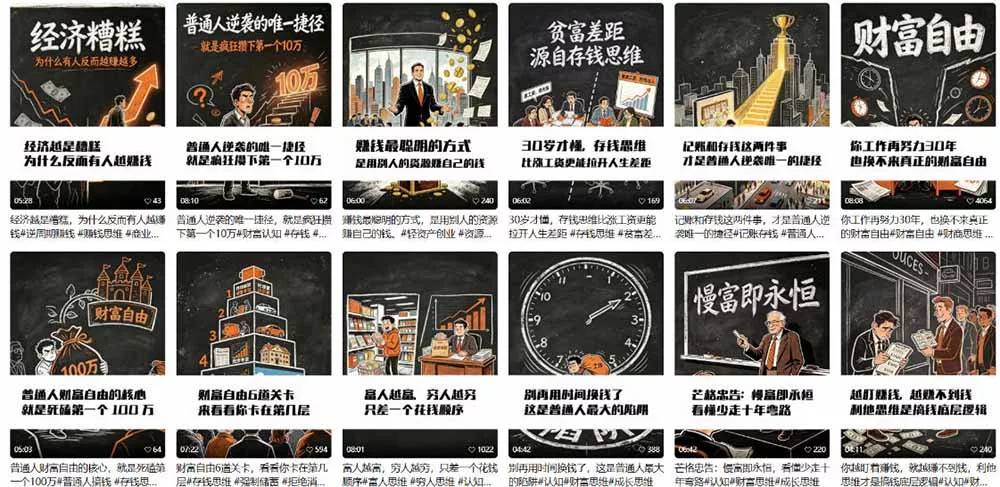 AI书单财富书籍图文解读：手绘黑白风格×一键直出×几十条视频跑1000单×全流程拆解×新手可上手 - 52网创-52网创