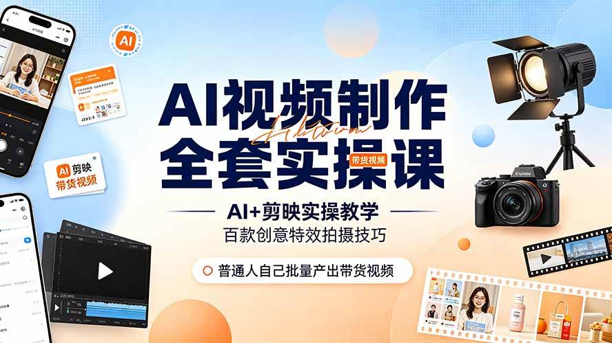 （19200期）AI视频制作全套实操课，多款AI工具搭配剪映教学，百种特效运镜拍摄实操，抖音账号带货运营全覆盖 - 52网创-52网创