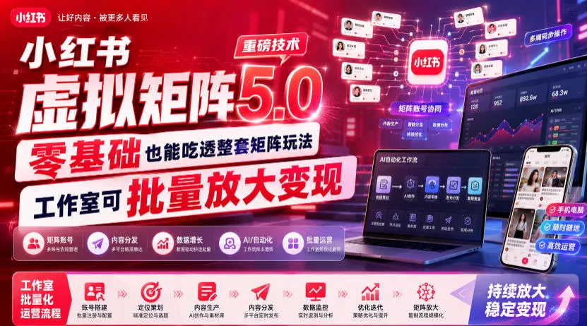小红书虚拟矩阵5.0重磅技术，零基础也能吃透整套矩阵玩法，工作室可批量放大变现 - 52网创-52网创