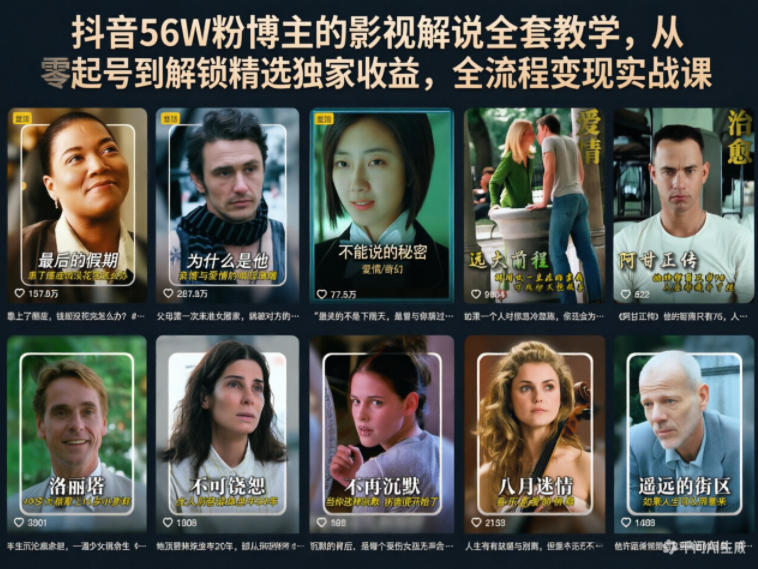 抖音56W粉博主的影视解说全套教学，从零起号到解锁精选独家收益，全流程变现实战课 - 52网创-52网创