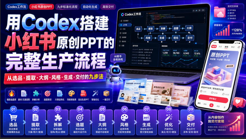 用Codex搭建小红书原创PPT的完整生产流程，从选品·提取·大纲·风格·生成·交付的九步法 - 52网创-52网创