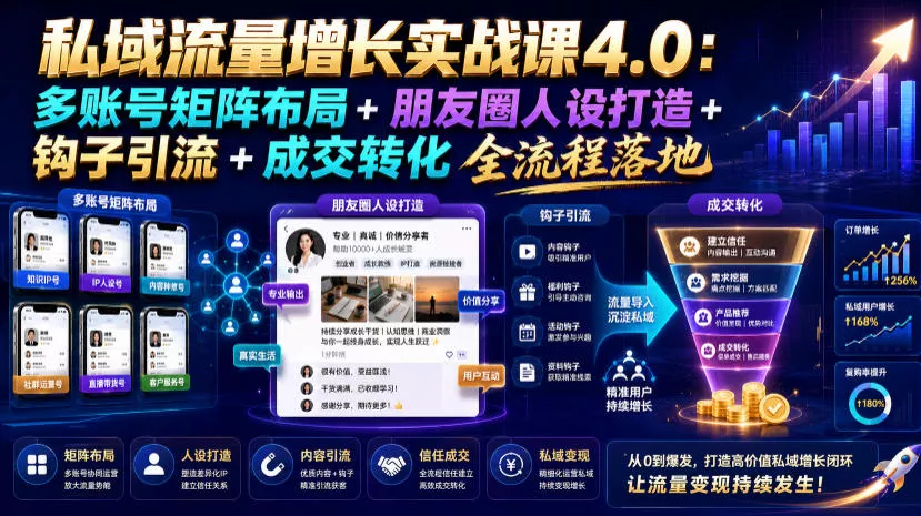 私域流量增长实战课4.0：多账号矩阵布局+朋友圈人设打造+钩子引流+成交转化全流程落地 - 52网创-52网创