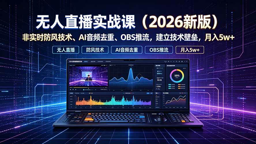 （19292期）无人直播实战课（更新7月），非实时防风技术、AI音频去重、OBS推流，建立技术壁垒，月入5w+ - 52网创-52网创
