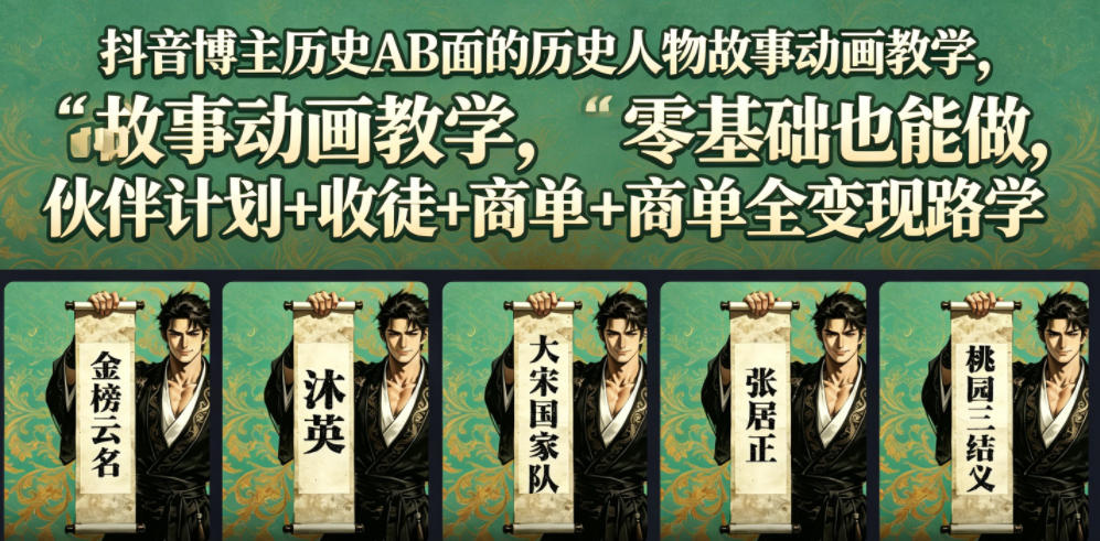 抖音博主历史AB面的历史人物故事动画教学，零基础也能做，伙伴计划+收徒+商单全变现路径教学-52网创