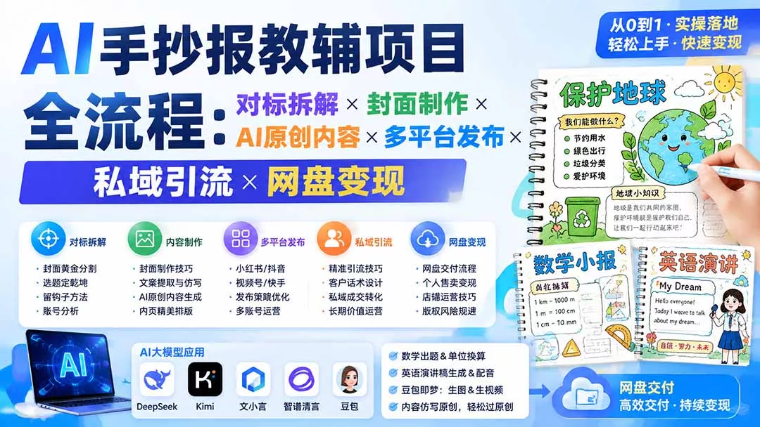 AI手抄报教辅项目全流程：对标拆解×封面制作×AI原创内容×多平台发布×私域引流×网盘变现 - 52网创-52网创
