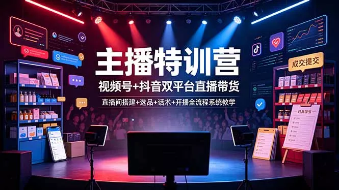 主播特训营：视频号+抖音双平台直播带货，直播间搭建+选品+话术+开播全流程系统教学-52网创