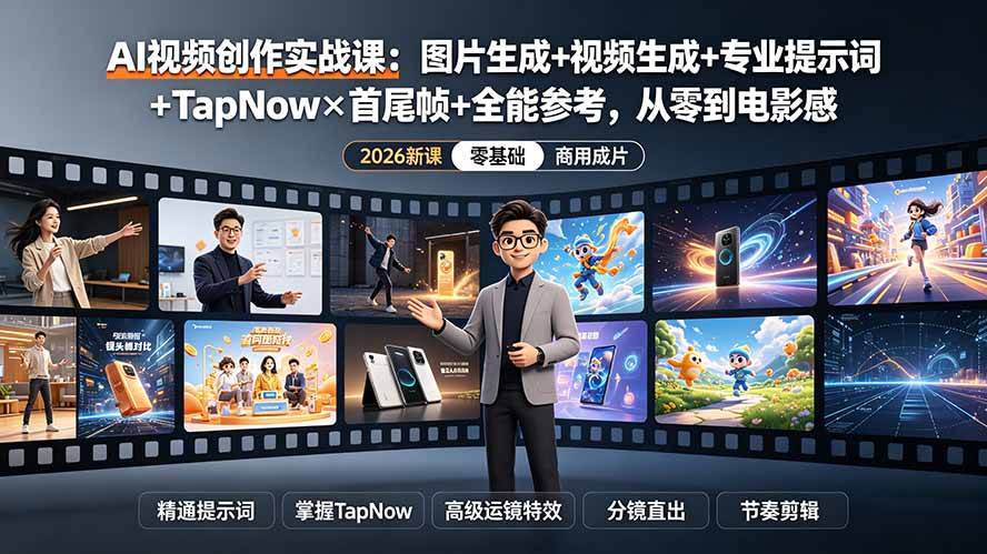 （19383期）AI视频创作实战课：图片生成+视频生成+专业提示词+TapNow×首尾帧+全能参考，从零到电影感成片 - 52网创-52网创