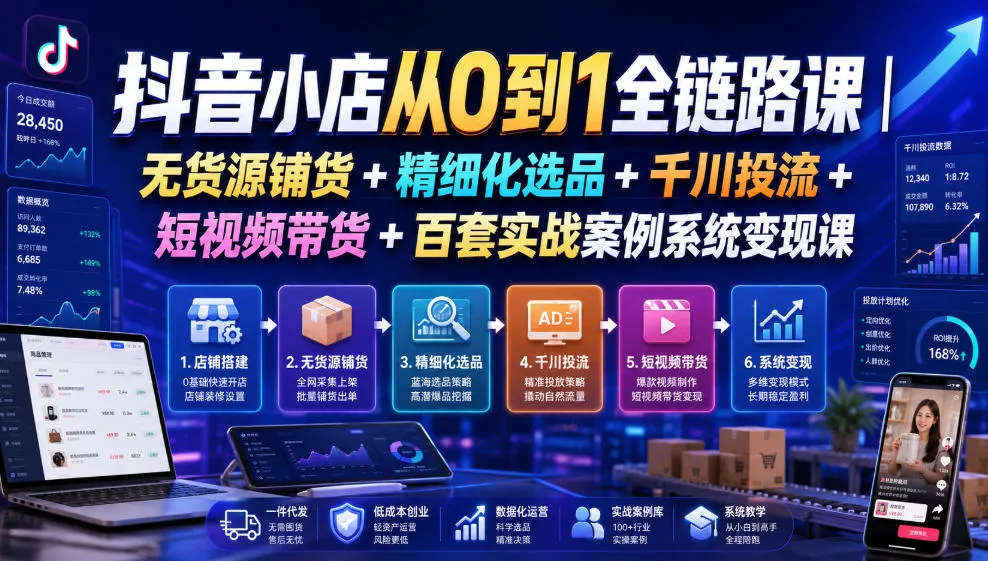 抖音小店从0到1全链路课｜无货源铺货+精细化选品+千川投流+短视频带货+百套实战案例系统变现课(2026年7月更新) - 52网创-52网创