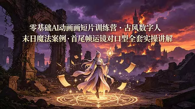 零基础AI动画短片训练营，古风数字人末日魔法案例，首尾帧运镜对口型全套实操讲解-52网创