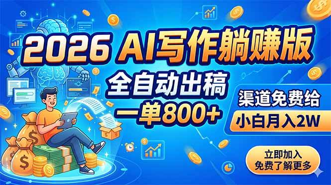 （18885期）2026 AI写作躺赚版：全自动出稿，一单800+，渠道免费给，小白月入2W - 52网创-52网创