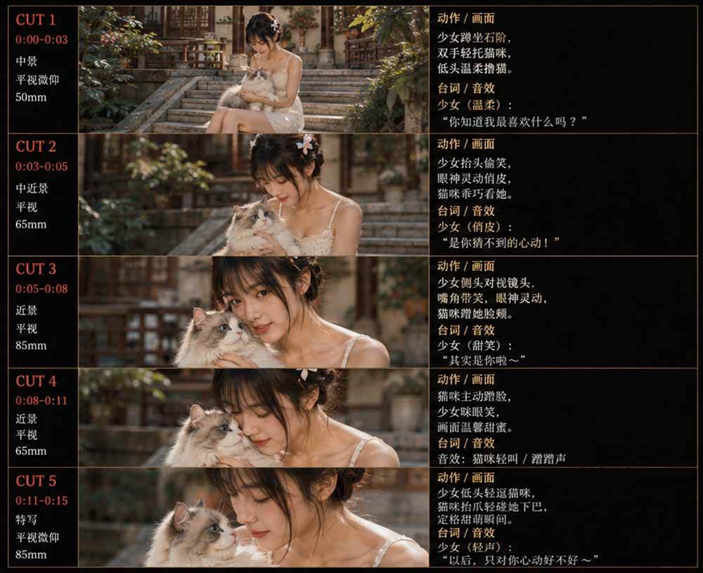 （18909期）美女和猫故事提示词，人物一致性提示词+故事板-52网创