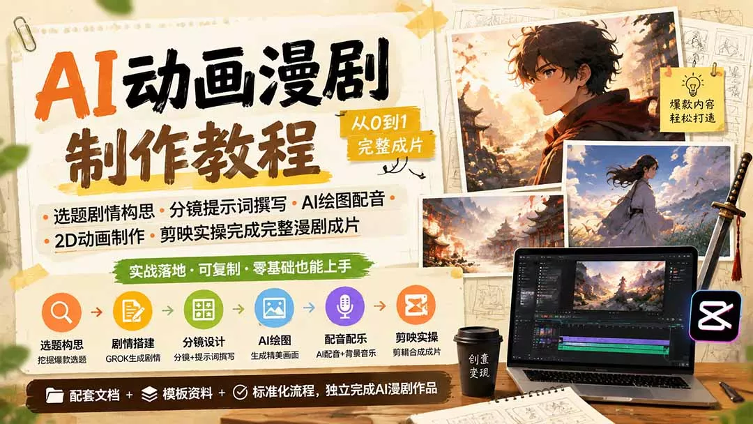 AI动画漫剧制作教程｜选题剧情构思·分镜提示词撰写·AI绘图配音·2D动画制作·剪映实操完成完整漫剧成片 - 52网创-52网创