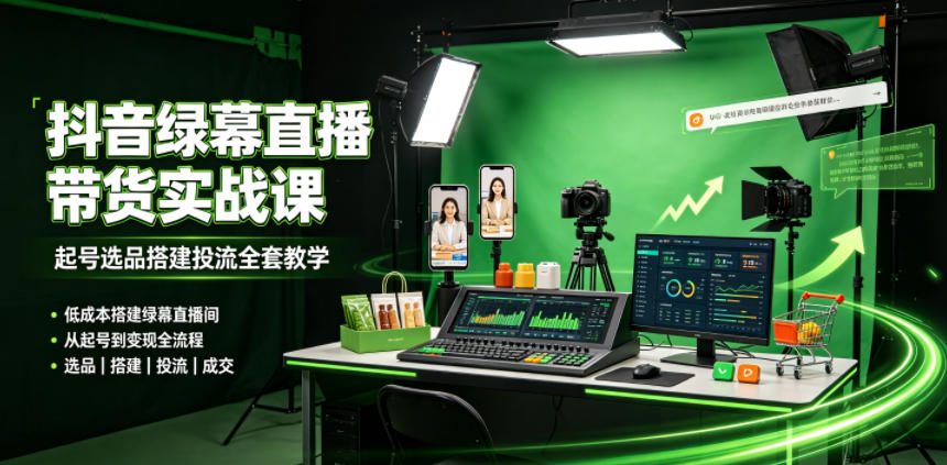 某社群抖音绿幕直播带货实战课，起号选品搭建投流全套教学，低成本搭建绿幕直播间-52网创