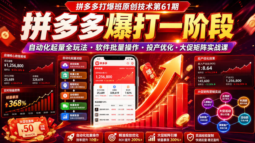 拼多多打爆班原创技术第61期，拼多多爆打一阶段，自动化起量全玩法・软件批量操作・投产优化・大促矩阵实战课 - 52网创-52网创