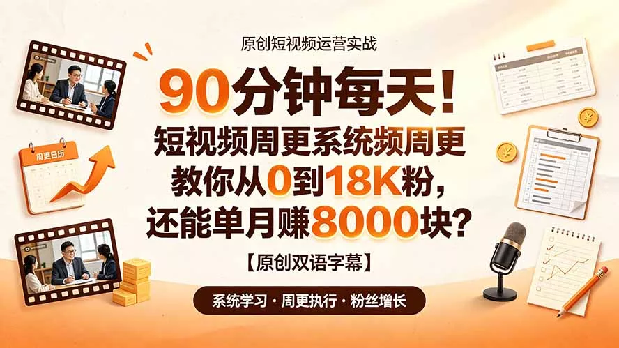 90 分钟每天！短视频周更系统教你从 0 到 18K 粉，还能单月赚 8000 块？【原创双语字幕】 - 52网创-52网创