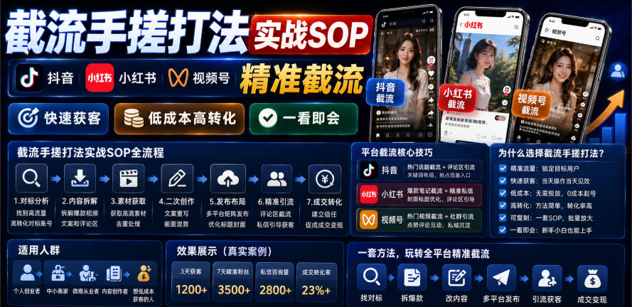 截流手搓打法实战SOP，抖音小红书视频号精准截流，快速获客，低成本高转化，一看即会-52网创
