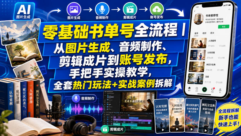 零基础书单号全流程｜从图片生成、音频制作、剪辑成片到账号发布，手把手实操教学，全套热门玩法+实战案例拆解 - 52网创-52网创