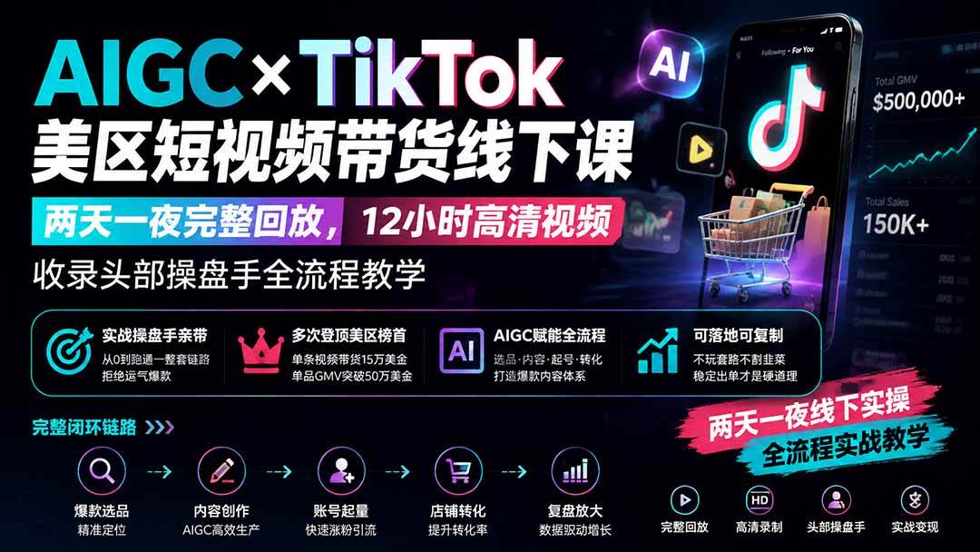 （19778期）AIGC×TikTok美区短视频带货线下课；两天一夜完整回放，12小时高清视频收录头部操盘手全流程教学