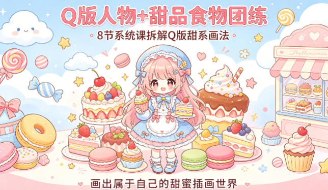 Q版人物+甜品食物团练，8节系统课拆解Q版甜系画法，画出属于自己的甜蜜插画世界 - 52网创-52网创
