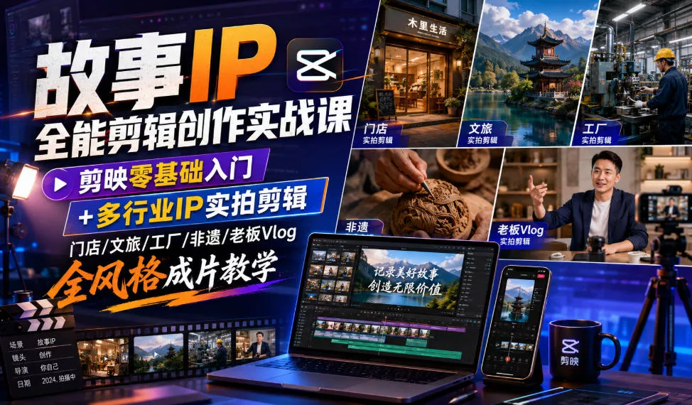 故事IP全能剪辑创作实战课｜剪映零基础入门+多行业IP实拍剪辑，门店/文旅/工厂/非遗/老板Vlog全风格成片教学 - 52网创-52网创