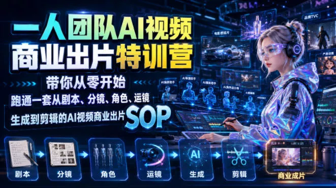 一人团队AI视频商业出片实战课：带你从零开始跑通一套从剧本、分镜、角色、运镜、生成到剪辑的AI视频商业出片SOP - 52网创-52网创