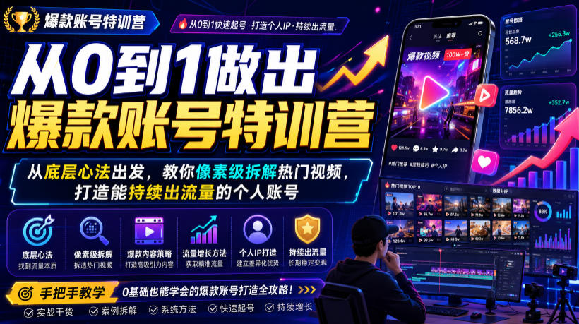 从0到1做出爆款账号特训营，从底层心法出发，教你像素级拆解热门视频，打造能持续出流量的个人账号-52网创