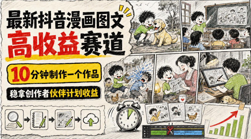 最新抖音漫画图文高收益赛道，10分钟制作一个作品，稳拿创作者伙伴计划收益 - 52网创-52网创