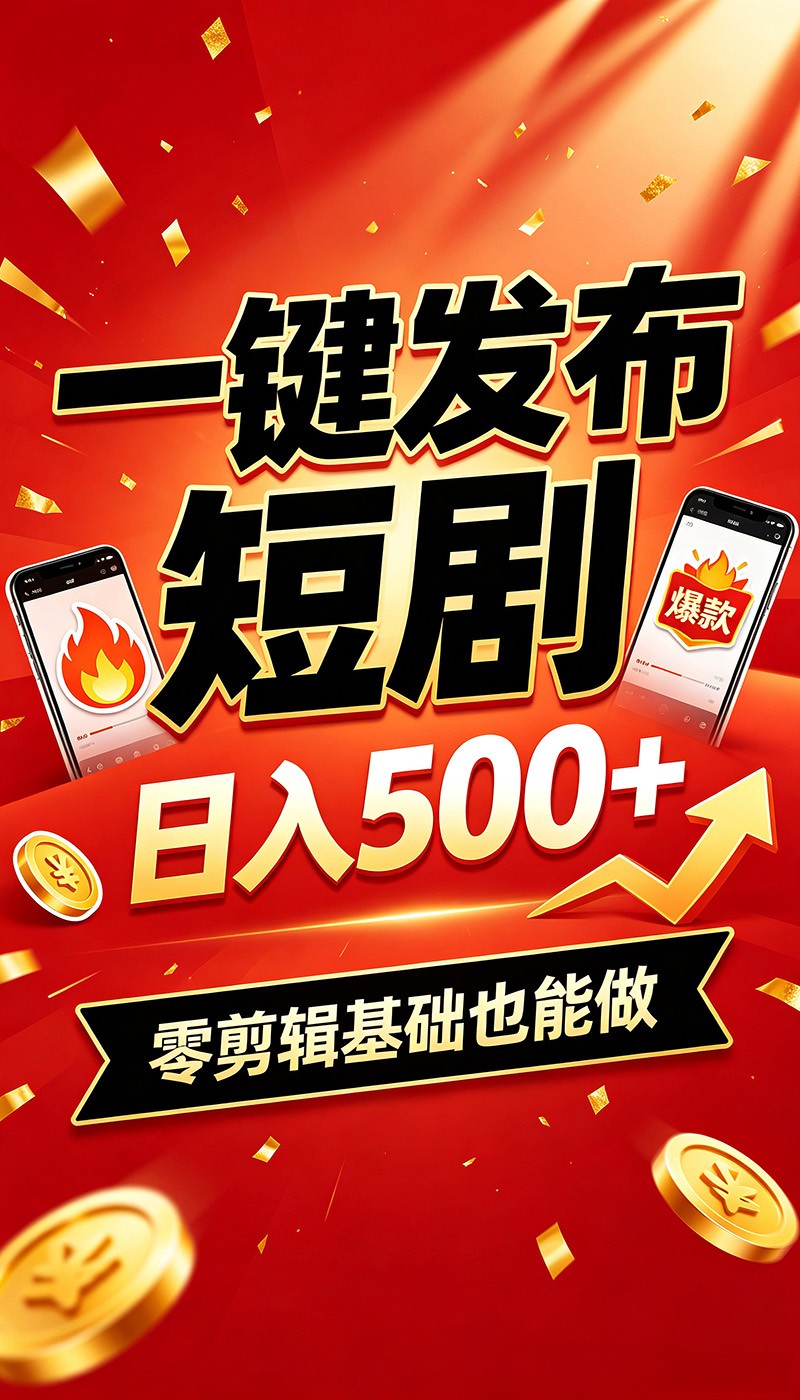 快手短剧一键发布，不用剪辑操作简单，副业日入500+。空闲时间轻松赚收益 - 52网创-52网创