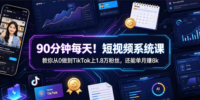 90分钟每天！短视频系统课教你从0做到TikTok上1.8万粉丝，还能单月賺8k【原创双语字幕】 - 52网创-52网创